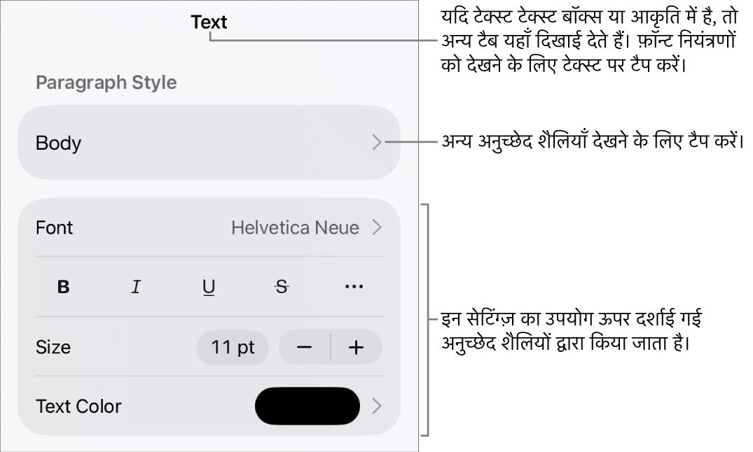 “फ़ॉर्मैट” मेनू में अनुच्छेद सेटिंग और वर्ण शैलियाँ, फ़ॉन्ट, आकार और रंग के लिए टेक्स्ट नियंत्रण दिखाए जा रहे हैं।