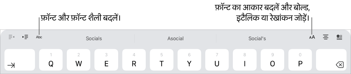 कीबोर्ड के ऊपर दिए गए टेक्स्ट फ़ॉर्मैटिंग बटन, इंडेंट के साथ बाएँ से शुरू होने वाले, फ़ॉन्ट, तीन प्रिडिक्टिव टेक्स्ट फ़ील्ड, फ़ॉन्ट आकार, अलाइनमेंट और डालें।
