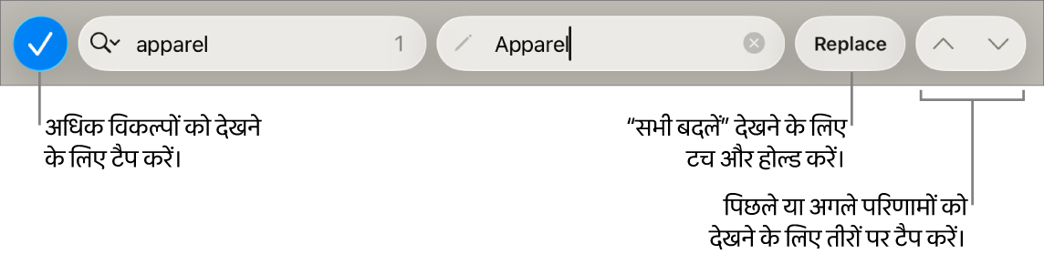 कीबोर्ड के ऊपर मौजूद “ढूँढें और बदलें” नियंत्रण जिसमें खोज विकल्प, “बदलें”, “ऊपर जाएँ” और “नीचे जाएँ” बटन के लिए कॉलआउट हैं