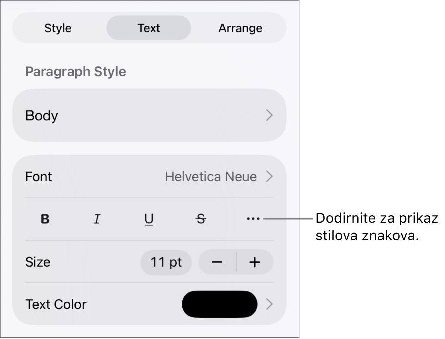 Kontrole opcije Formatiraj sa stilovima paragrafa pri vrhu, zatim kontrole Fonta. Ispod su tipke opcija teksta Podebljano, Kurziv, Podcrtavanje, Precrtavanje i Više.