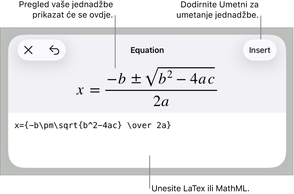 Dijaloški okvir Jednadžba koji prikazuje jednadžbu napisanu korištenjem MathML naredbi i prikaz gornje formule.