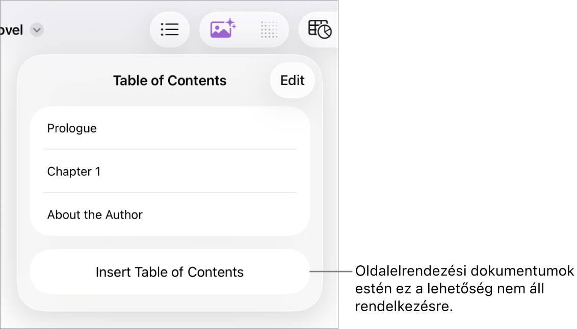 A tartalomjegyzék nézete a jobb felső sarokban a Szerkesztés gombbal, tartalomjegyzék-bejegyzésekkel és alul a Tartalomjegyzék beszúrása gombbal.