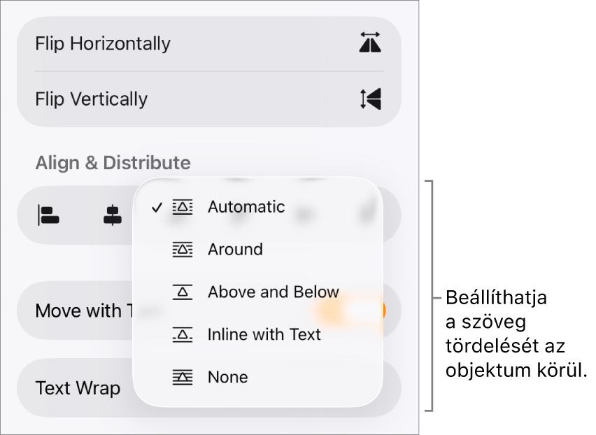 A formázásvezérlők a kijelölt Elrendezés lappal. Alatta a Szövegtördelés vezérlők láthatók a következőkkel: Mozgatás hátra/előre, Mozgatás szöveggel és Szöveg tördelése.