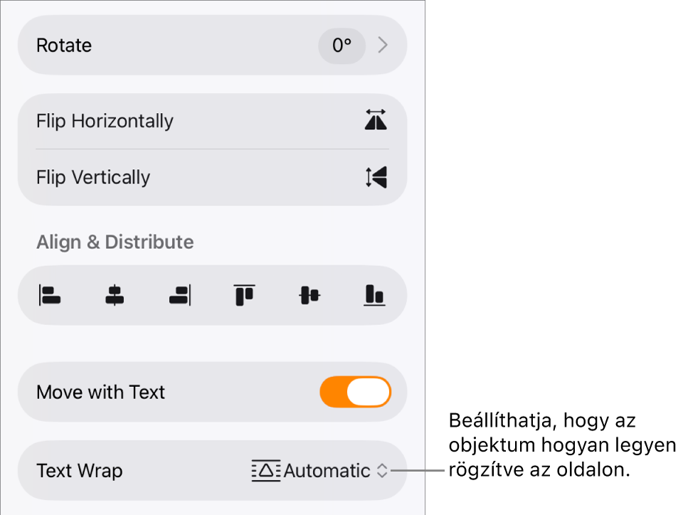 A formázásvezérlők a kijelölt Elrendezés lappal és a következőkkel: Mozgatás hátra/előre, Mozgatás szöveggel és Szöveg tördelése.