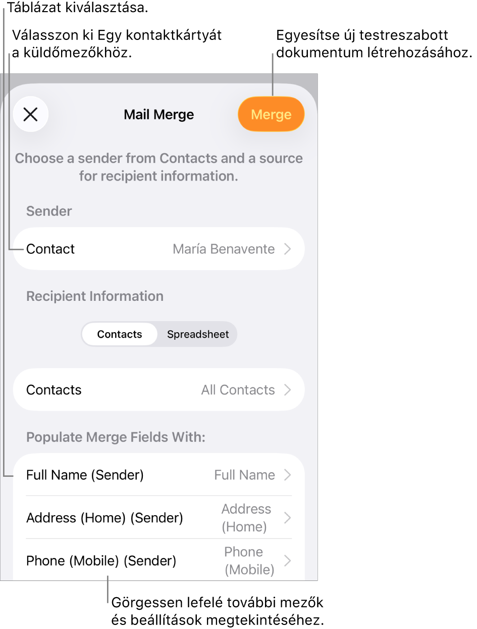 A megnyitott Körlevél panel a feladóinformációk kiválasztására, a forrásfájl vagy -táblázat módosítására, a körlevélmezőnevek vagy egyedülálló bejegyzések előnézetére és a dokumentum egyesítésére szolgáló lehetőségekkel