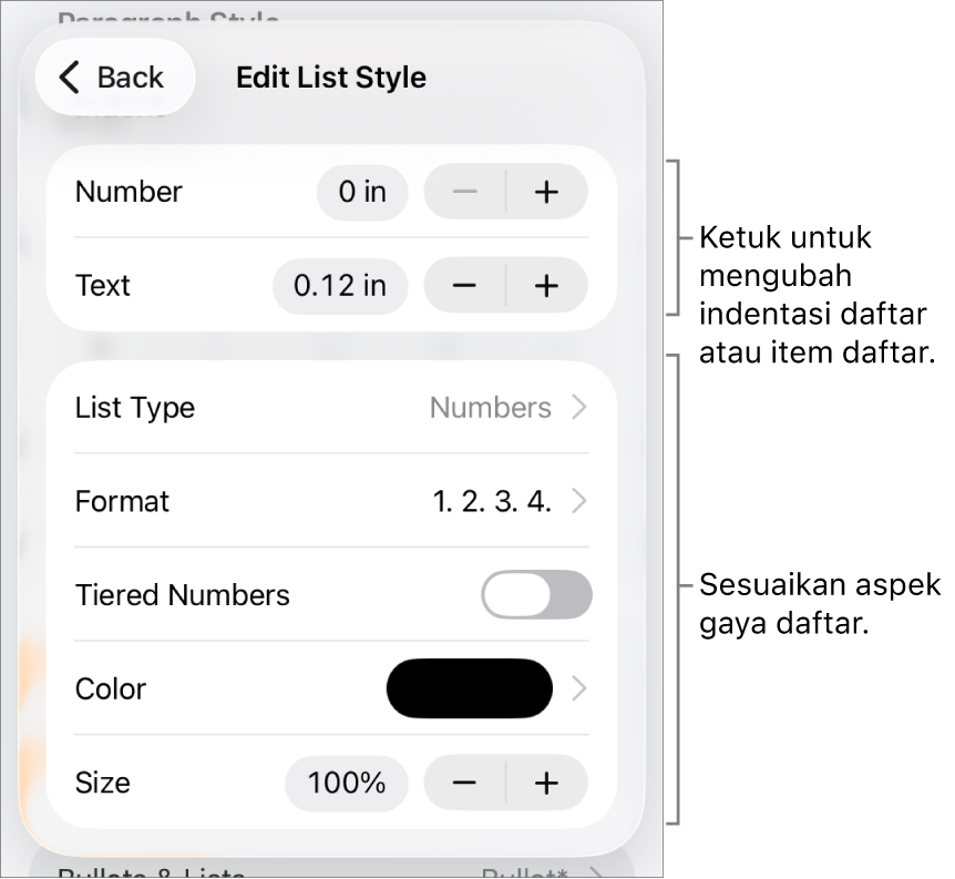 Menu Edit Gaya Daftar untuk spasi indentasi, jenis dan format daftar, penomoran bertingkat, warna dan ukuran daftar, serta penomoran berkelanjutan.