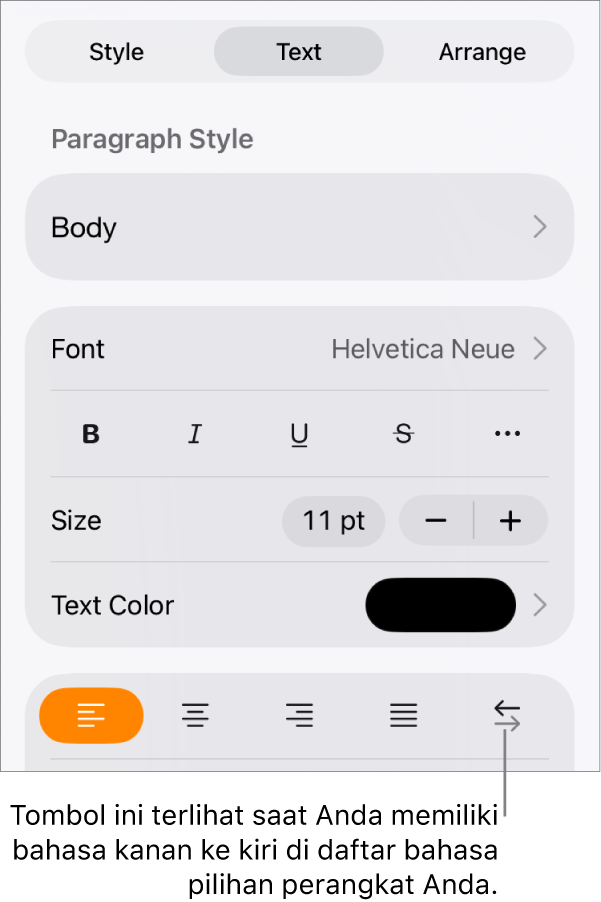 Kontrol teks di menu Format dengan keterangan yang menunjuk ke tombol Kanan ke Kiri.