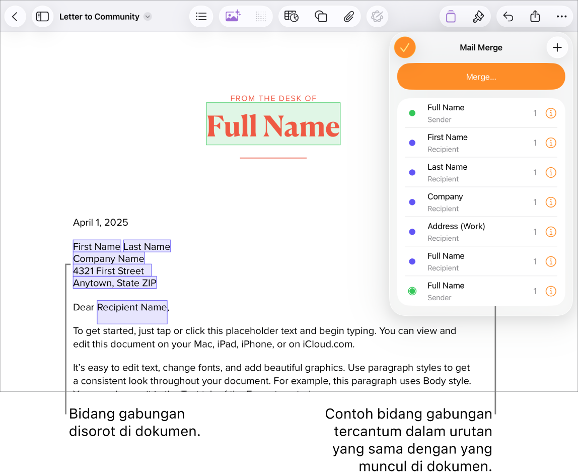 Dokumen Pages dengan bidang gabungan alamat penerima yang menyorot teks placeholder yang akan diganti, dan contoh bidang gabungan yang tercantum di menu Penggabungan Mail.