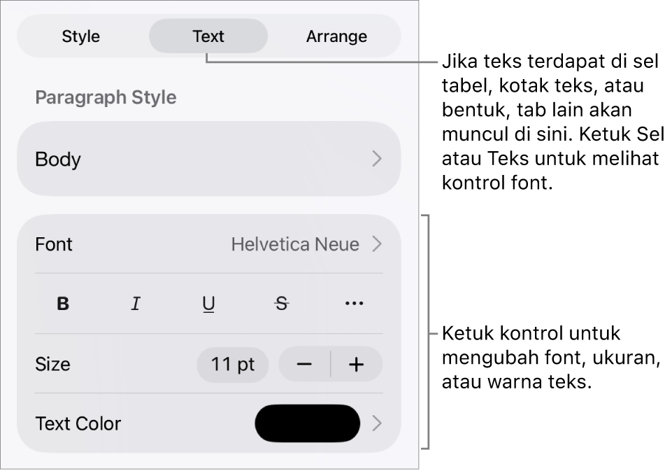 Kontrol teks di menu Format untuk mengatur paragraf dan gaya karakter, font, ukuran, dan warna.