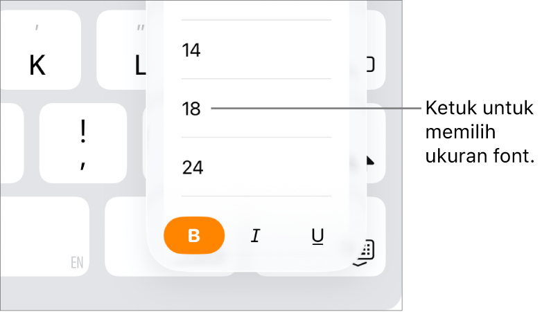 Tombol Ukuran Font di sisi kanan papan ketik iPad dengan menu Ukuran Font terbuka. Ukuran font standar pemerintah Tiongkok daratan muncul di bagian atas menu dengan ukuran poin di bawah.
