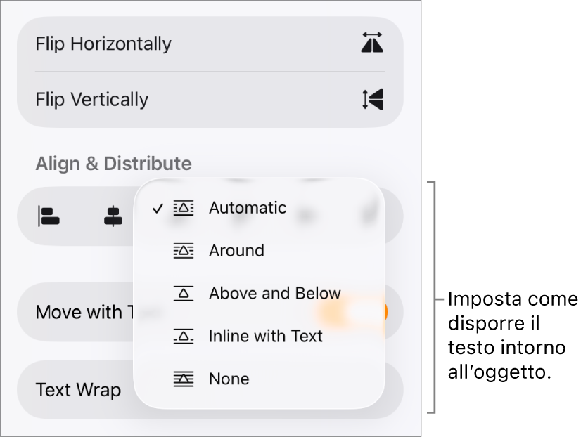 I controlli di Formattazione con il pannello Disposizione selezionato. Al di sotto si trovano i controlli di “Contorna con testo” con “Sposta indietro/avanti”, “Sposta col testo” e “Disposizione testo”.