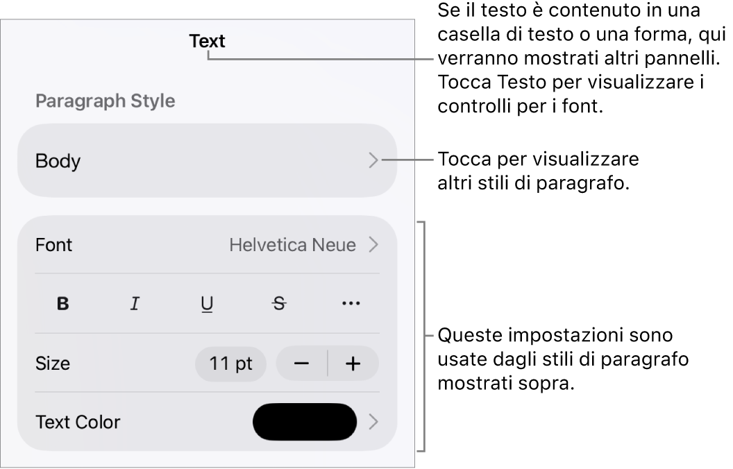 Menu Formato con controlli di testo per impostare stili carattere e paragrafo, font, dimensione e colore.