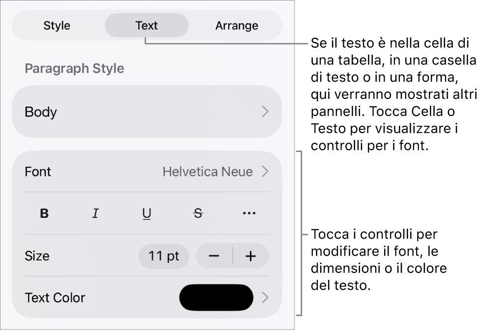 Controlli di testo nel menu Formattazione per impostare stili di carattere e paragrafo, font, dimensione e colore.