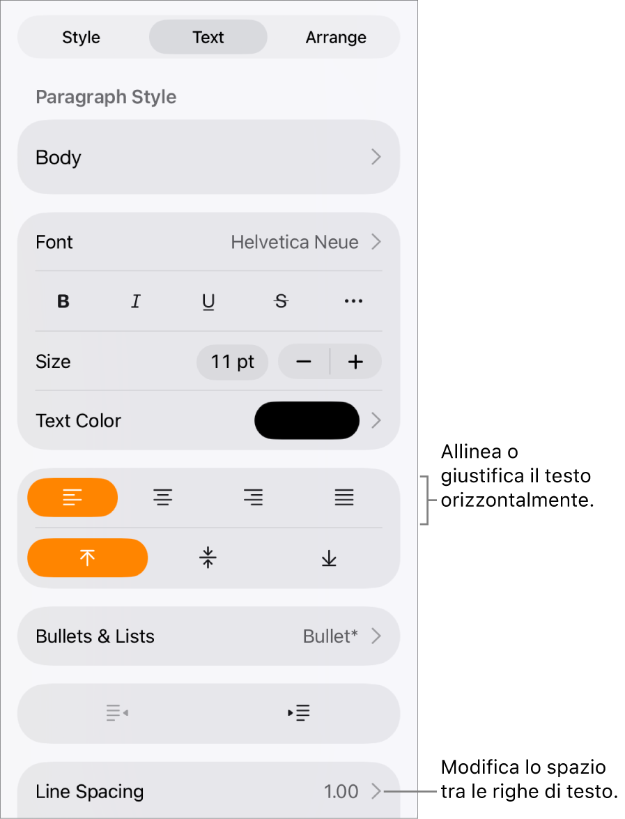 Il pulsante dei controlli di Formattazione con il pannello Testo selezionato e didascalie dei pulsanti di allineamento testo e dell’elemento del menu “Spaziatura linea”.