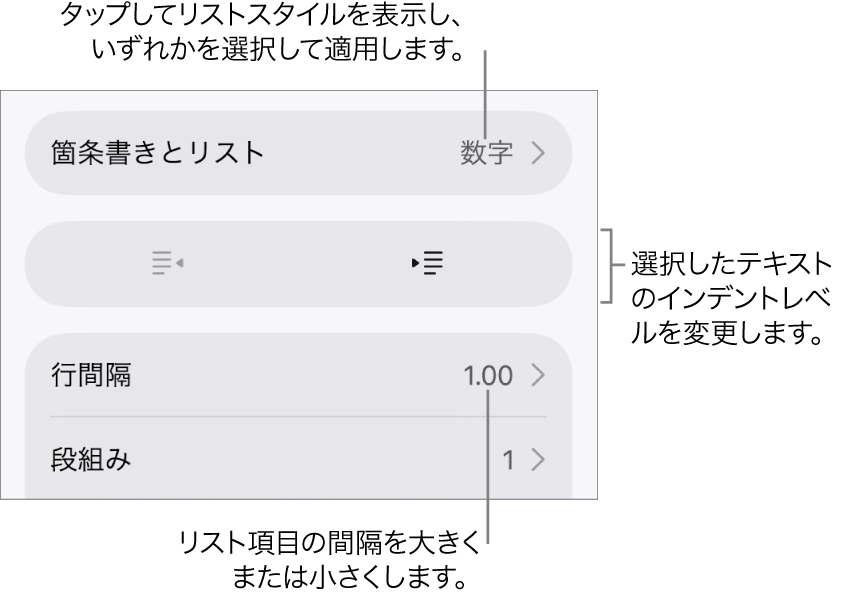 「箇条書きとリスト」のコールアウトが表示された「フォーマット」コントロールの「箇条書きとリスト」セクション。インデント解除ボタン、インデントボタン、行間隔コントロールが表示された状態。