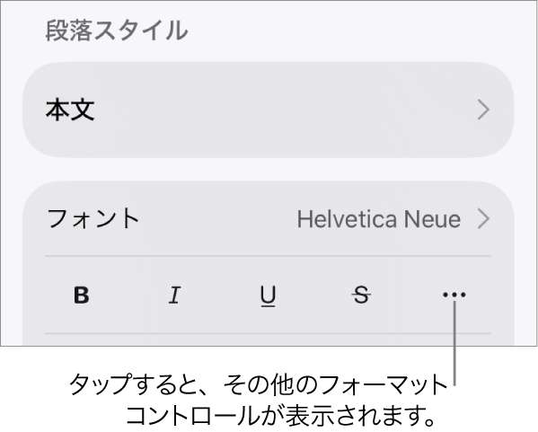 「フォーマット」コントロールの「テキスト」タブ。「その他のテキストオプション」ボタンへのコールアウトが表示された状態。