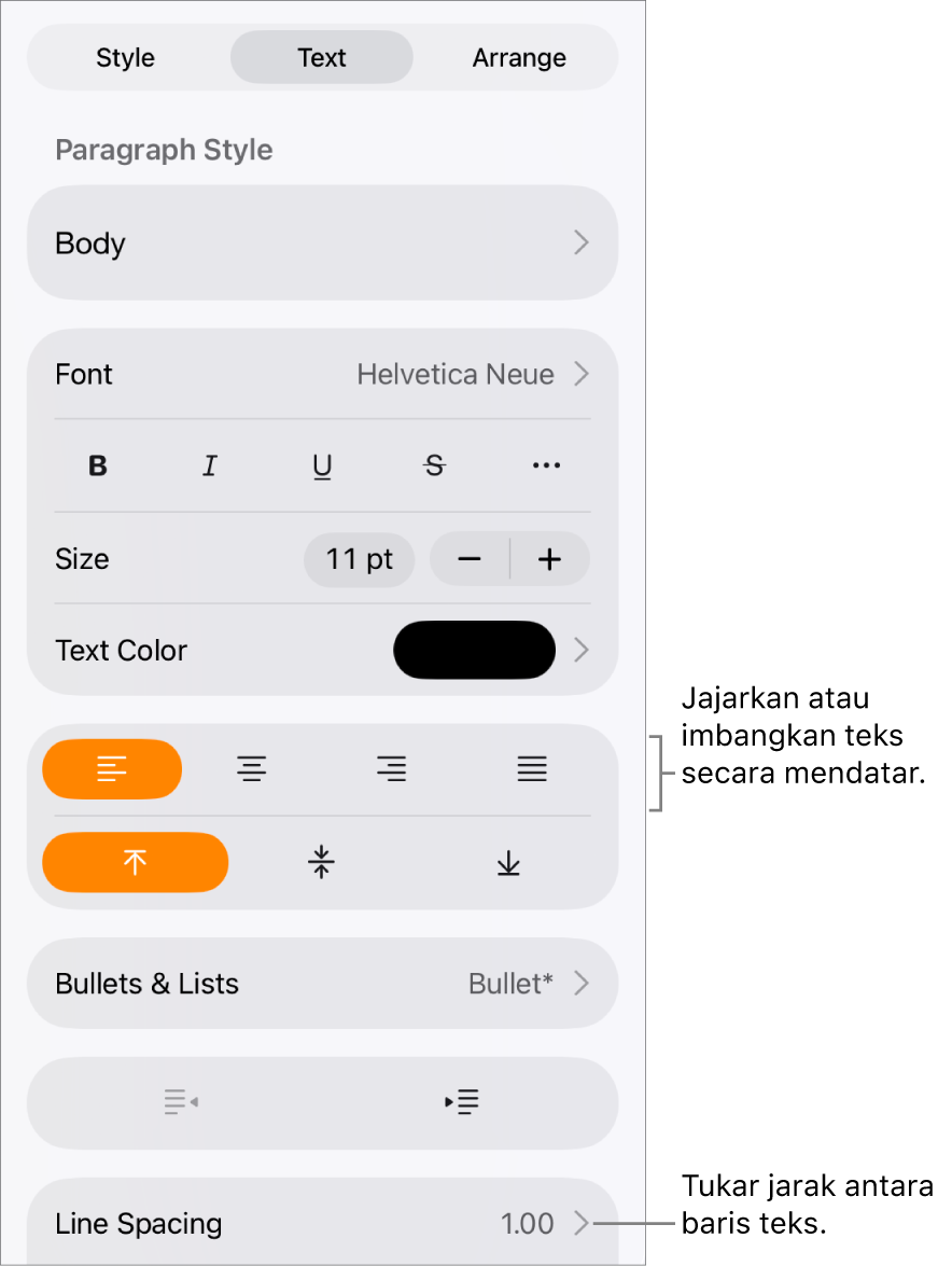 Butang kawalan Format dengan tab Teks dipilih dan petak bual ke butang penjajaran teks dan item menu Jarak Baris.