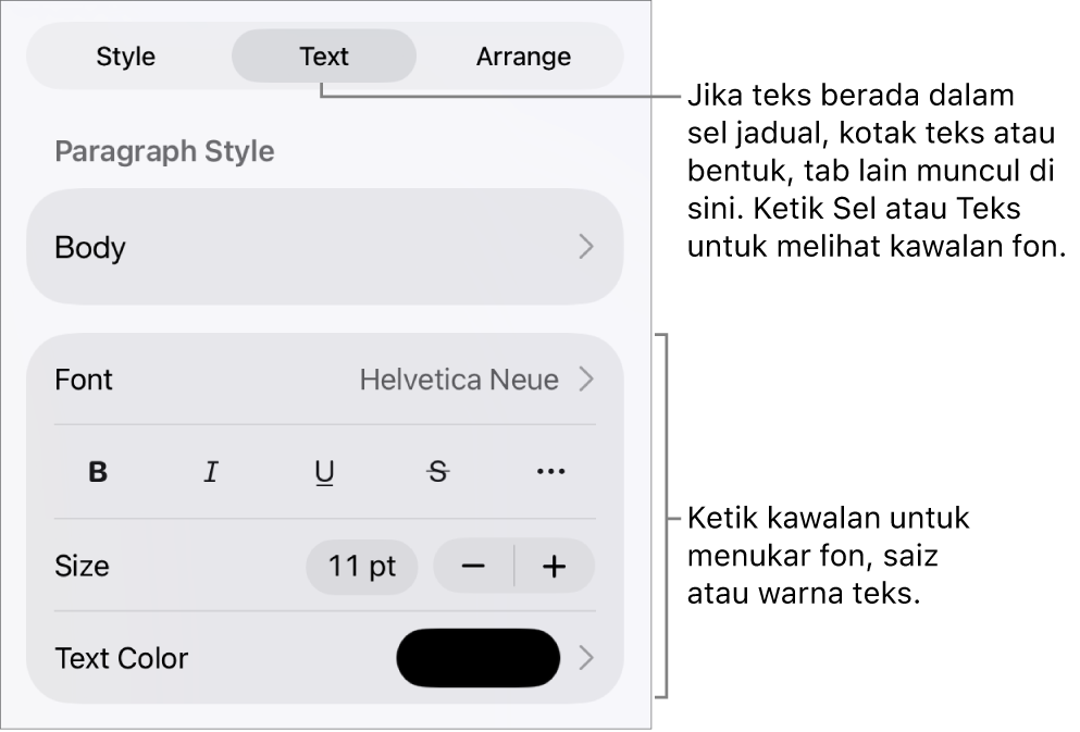 Kawalan teks dalam menu Format untuk mengesetkan perenggan dan gaya, fon, saiz dan warna aksara.