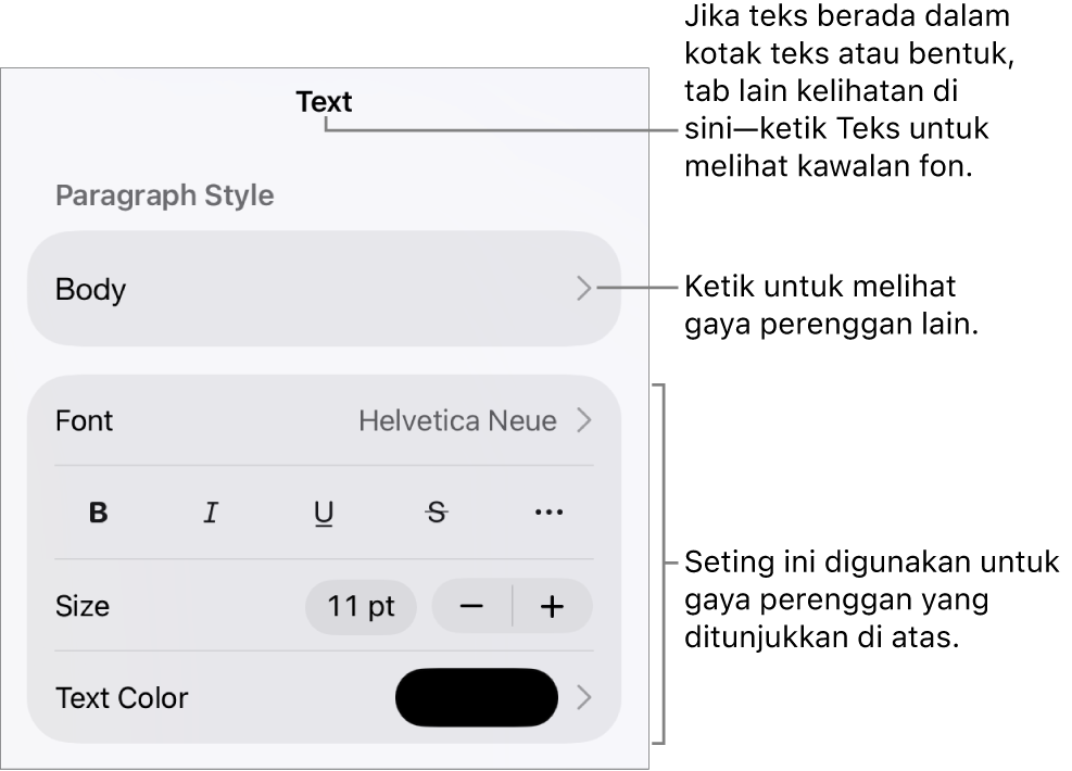 Menu Format menunjukkan kawalan teks untuk mengesetkan perenggan dan gaya, fon, saiz dan warna aksara.