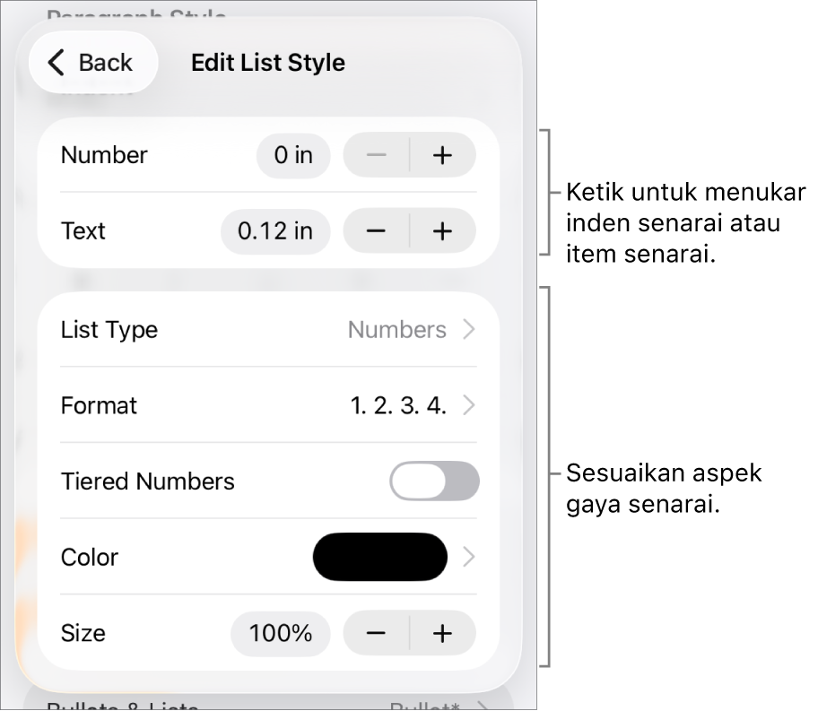 Menu Edit Gaya Senarai dengan kawalan untuk jarak inden, jenis dan format senarai, nombor berperingkat, warna dan saiz senarai serta nombor berterusan.