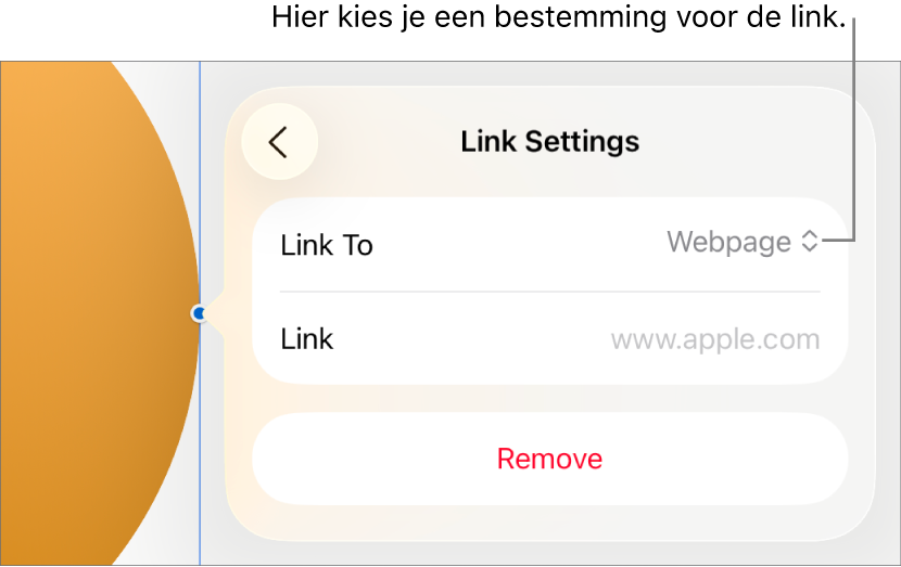 De regelaars voor linkinstellingen. 'Webpagina' is geselecteerd en onderaan staat de knop 'Verwijder'.