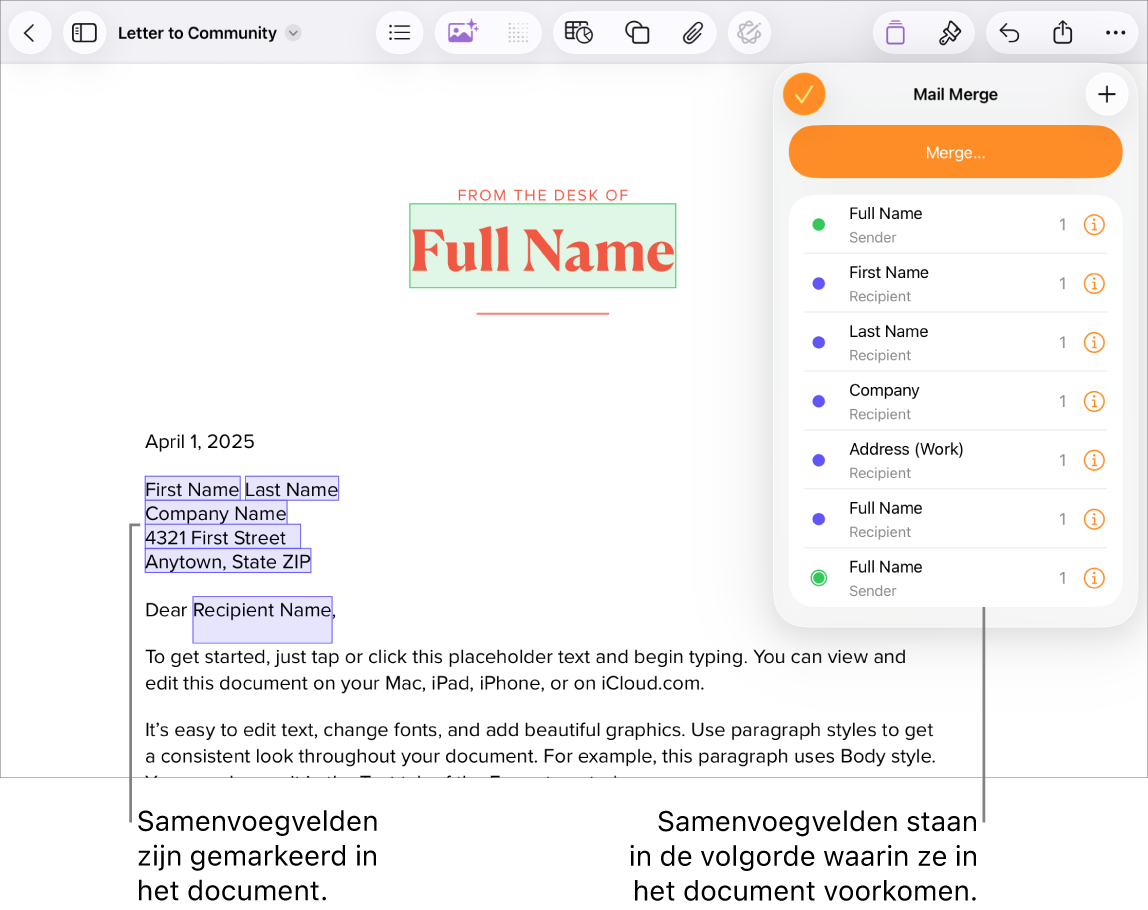 Pages-document met samenvoegvelden voor geadresseerden. De te vervangen plaatsaanduidingstekst is gemarkeerd en in het menu 'Afdruk samenvoegen' wordt de lijst met gebruikte samenvoegvelden weergegeven.