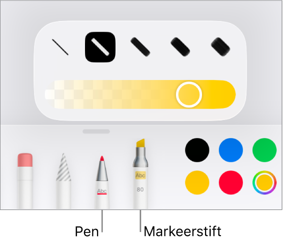 Het menu voor slimme annotaties met de knoppen 'Pen' en 'Markeerstift', opties voor de lijndikte en de schuifknop voor ondoorzichtigheid.