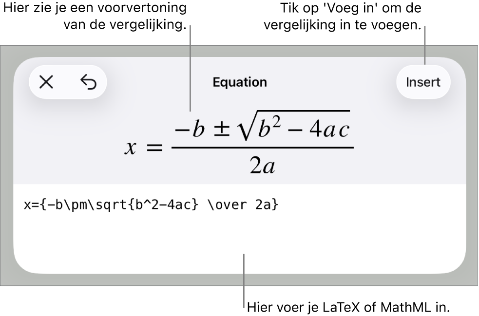 Het venster 'Vergelijking' met daarin een vergelijking die geschreven is met MathML-commando's en erboven een voorvertoning van de formule.