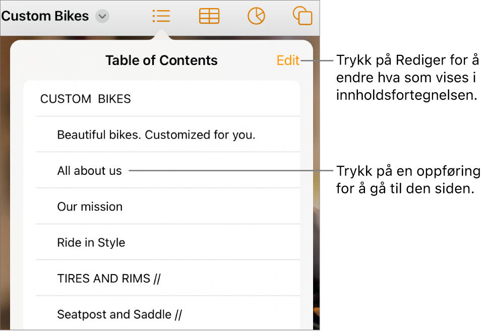 Innholdsfortegnelsesvisningen, med oppføringer i en liste. Rediger-knappen er øverst til høyre i visningen.