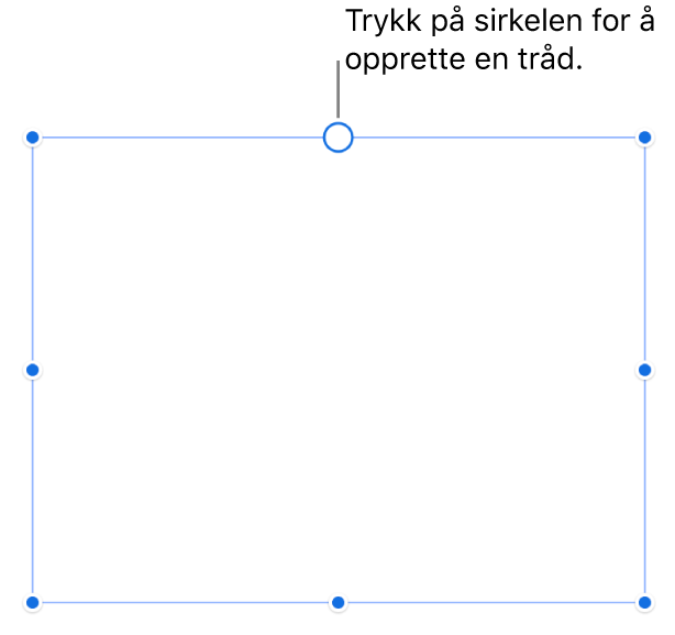 En tom tekstrute med en hvit sirkel øverst og størrelsesendringshåndtak i hjørnene, på sidene og nederst.