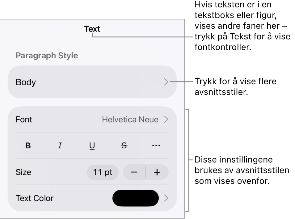 Format-menyen som viser tekstkontroller for å angi avsnitts- og tegnstiler, font, størrelse og farge.