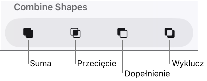 Przyciski Suma, Przecięcie, Dopełnienie, Wyklucz, znajdujące się poniżej etykiety Połącz kształty.