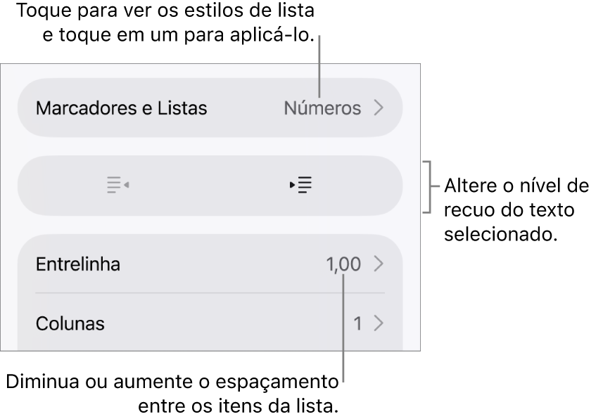 Seção “Marcadores e Listas” dos controles de Formatação, com chamadas para “Marcadores e Listas”, botões para aumentar ou diminuir o recuo e controles de entrelinha.