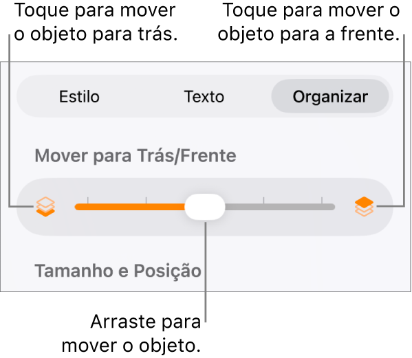 Botão Mover para Trás, botão Mover para a Frente e controle deslizante de camada