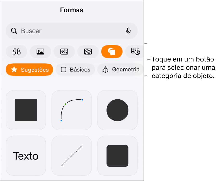 Os controles para adicionar um objeto, com botões na parte superior para selecionar tabelas, gráficos, formas (incluindo linhas e caixas de texto) e mídia.