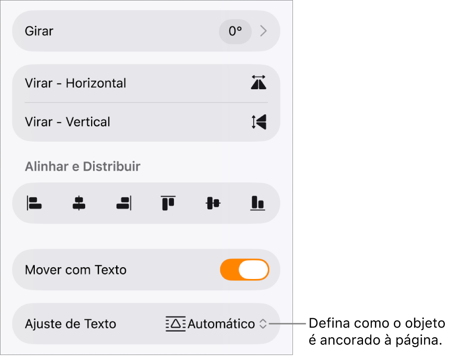 Controles Formatar com a aba Organizar selecionada e controles de “Mover para Trás/Frente”, “Mover com Texto” e “Ajuste de Texto”.