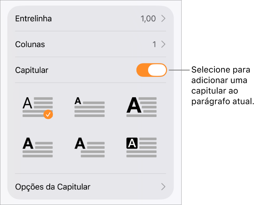 Controles Capitular localizados no menu Texto.