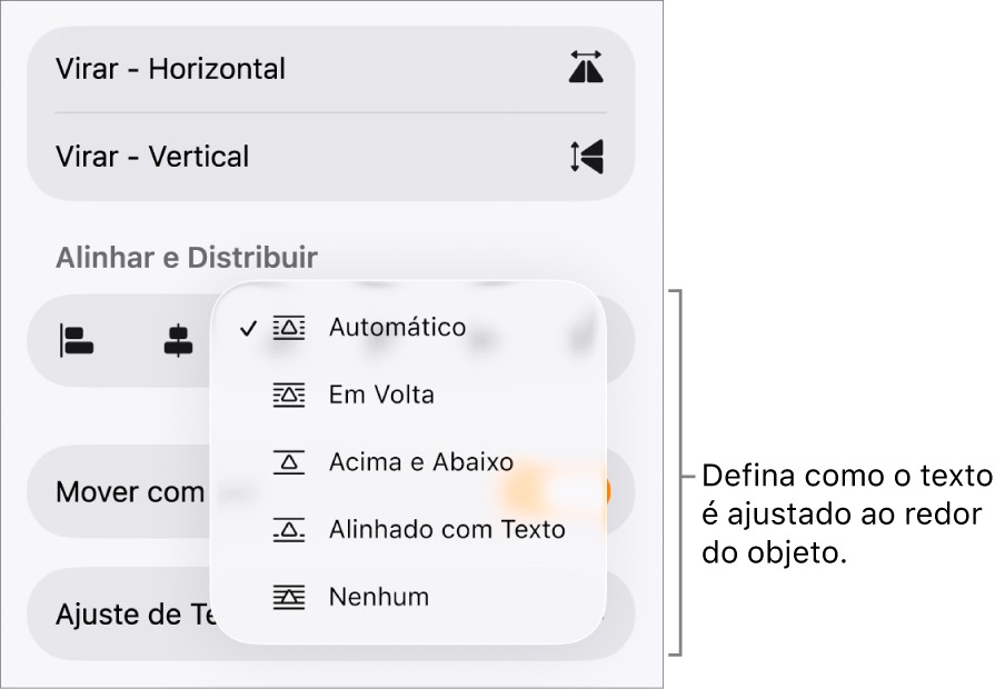 Controles Formatar com a aba Organizar selecionada. Abaixo estão controles de “Ajuste de Texto”, com “Mover para Trás/Frente”, “Mover com Texto” e “Ajuste de Texto”.