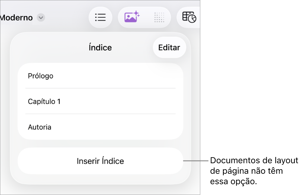 Visualização do índice, com Editar no canto superior direito, entradas do índice e o botão Inserir Índice na parte inferior.