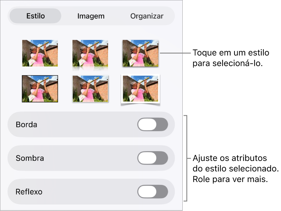 A aba Estilo do menu Formatar, com estilos de objetos na parte superior e controles abaixo para alterar borda, sombra, reflexo e opacidade.