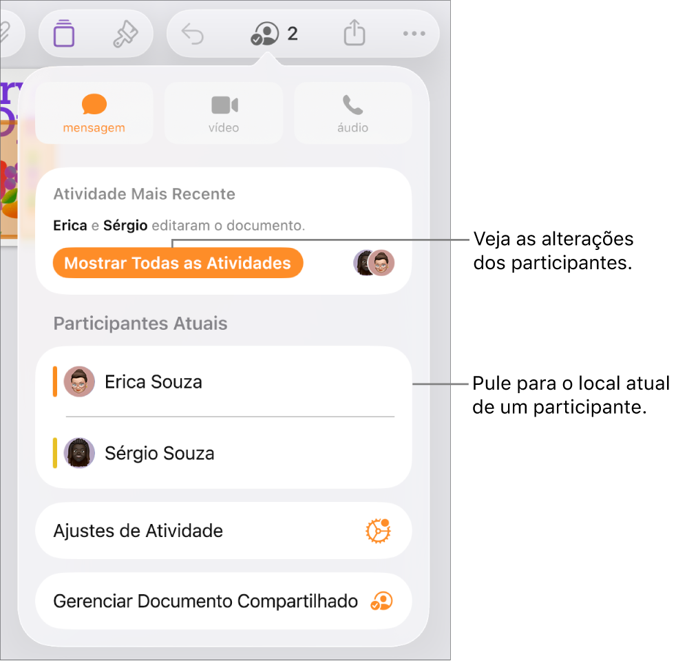 Menu de colaboração com participantes atuais listados.