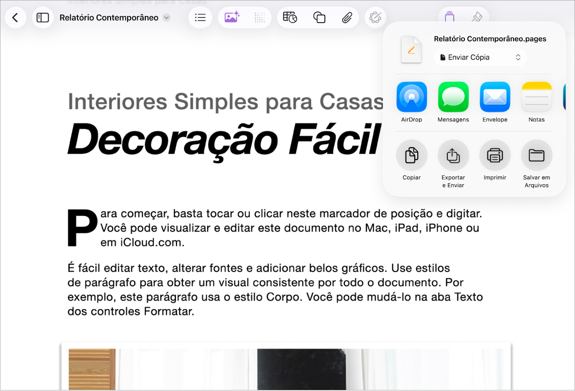 Um documento de trabalho com as opções Compartilhar e Exportar abertas.