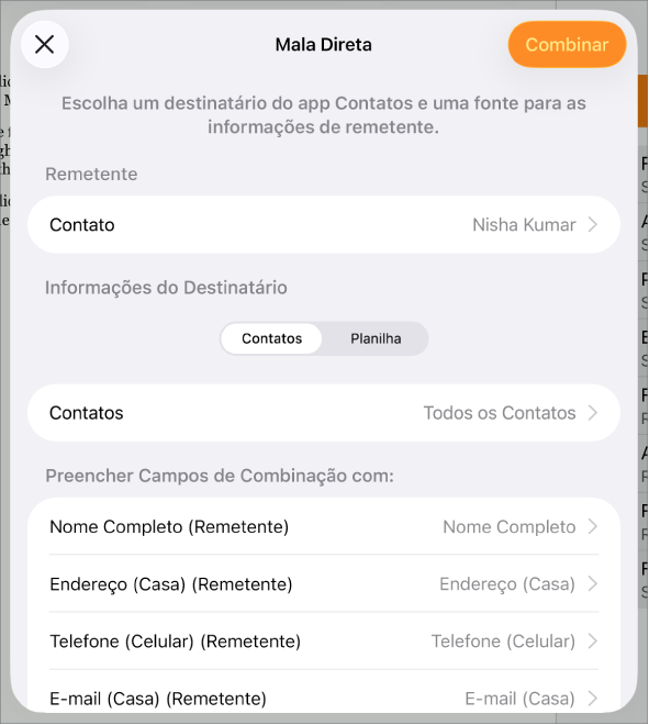 Painel Mala Direta aberto, com opções para escolher as informações do remetente, alterar o arquivo ou tabela de origem, pré-visualizar os nomes dos campos de mala direta ou combinar o documento.