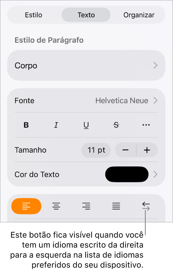 Controles de texto no menu Formatar com uma chamada apontando para o botão da esquerda para a direita.
