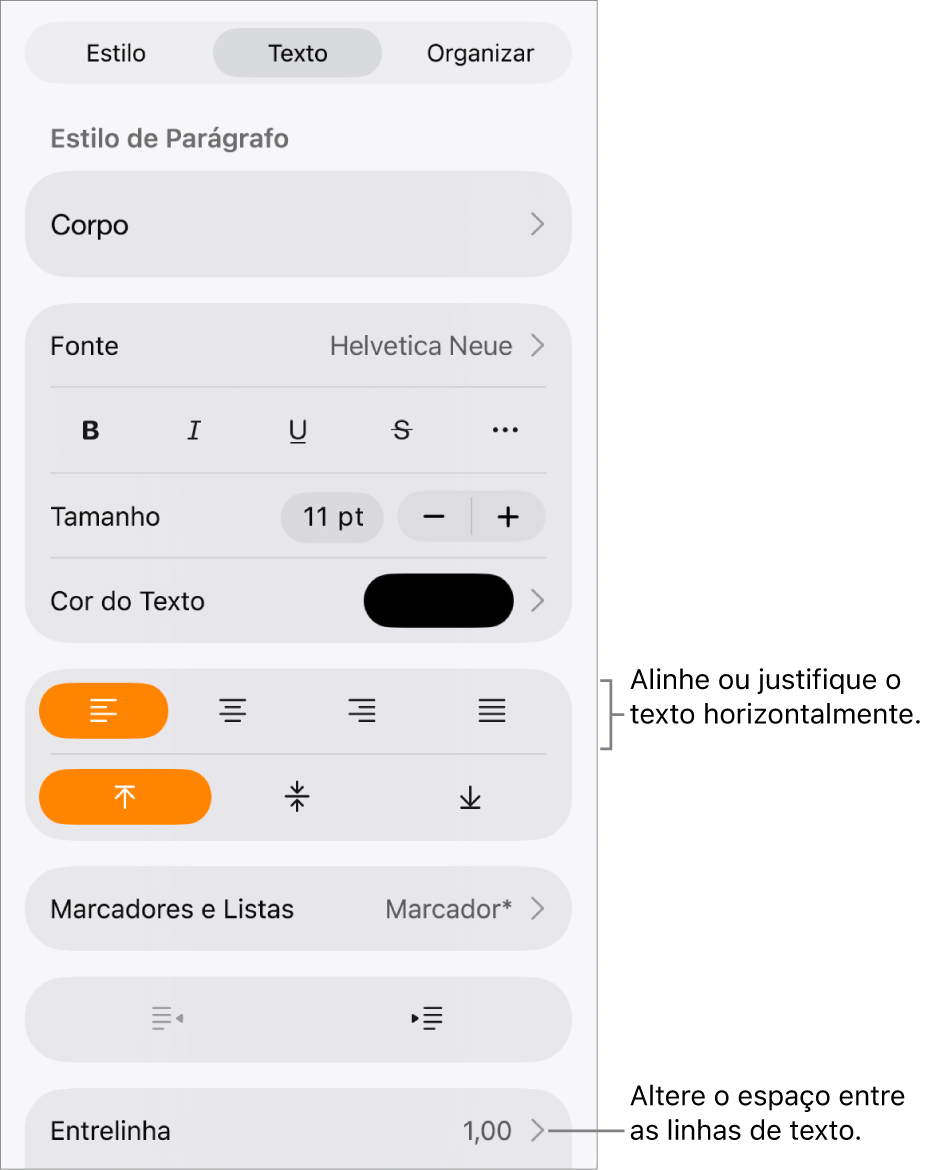 Botão de controles de formatação, com a aba Texto selecionada e balões explicativos para os botões de alinhamento de texto e o item de menu “Espacejamento Entre Linhas”.