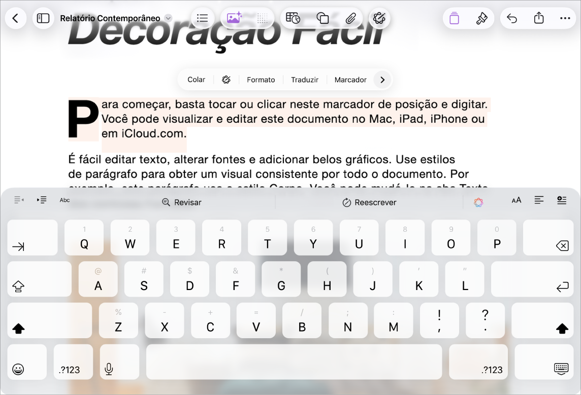 Documento do Pages aberto com um texto marcador de posição selecionado.