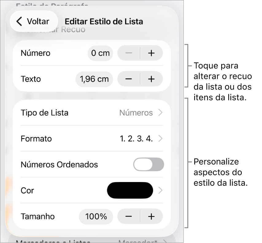 Menu “Editar Estilo de Lista” com controles para espacejamento de recuo, formato e tipo de lista, alinhamento de números, cor e tamanho da lista e numeração contínua.