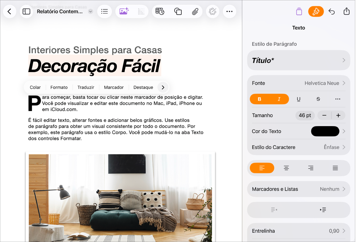 Documento do Pages aberto com um texto selecionado e as opções de formatação de texto abertas.