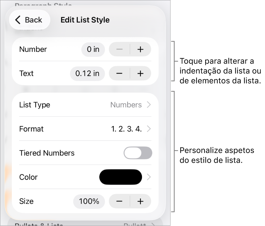 O menu “Editar estilo de lista” com controlos para espaçamento, tipo de lista e formatação, números por escalões, cor e tamanho da lista e numeração contínua.