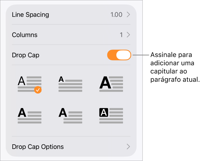 Os controlos de "Capitular” no menu “Texto”.